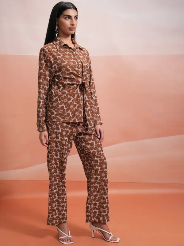 Tokyo Talkies Women Brown Shirt With Trouser Co-Ords