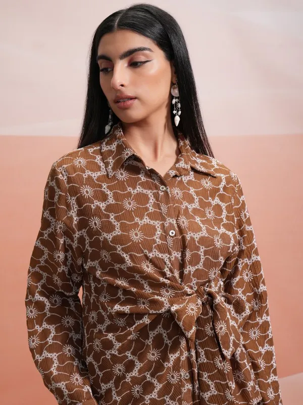 Tokyo Talkies Women Brown Shirt With Trouser Co-Ords