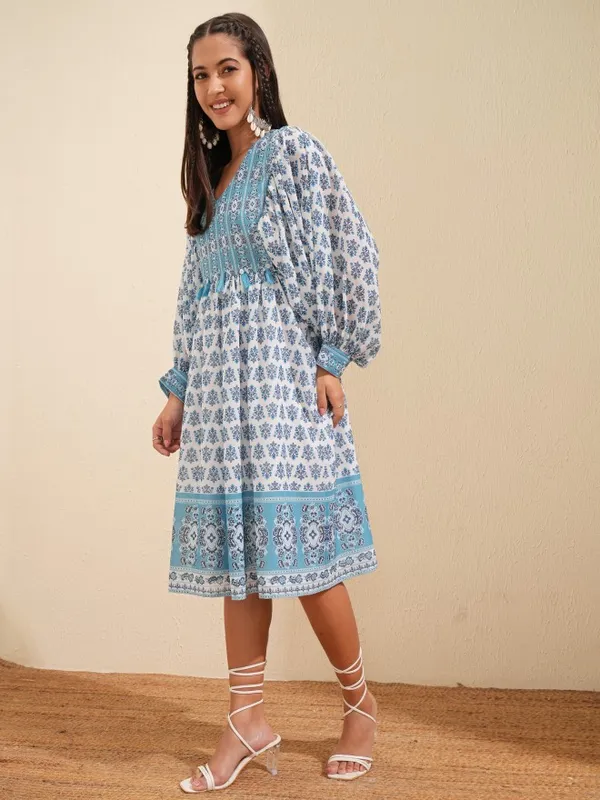 Tokyo Talkies Women White Printed Fit and Flare Dress