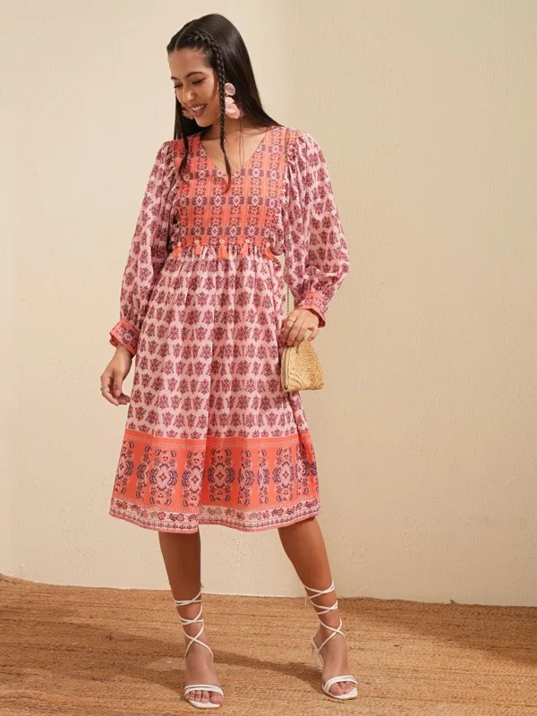 Tokyo Talkies Women Peach Printed Fit and Flare Dress