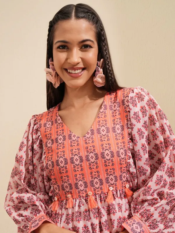 Tokyo Talkies Women Peach Printed Fit and Flare Dress