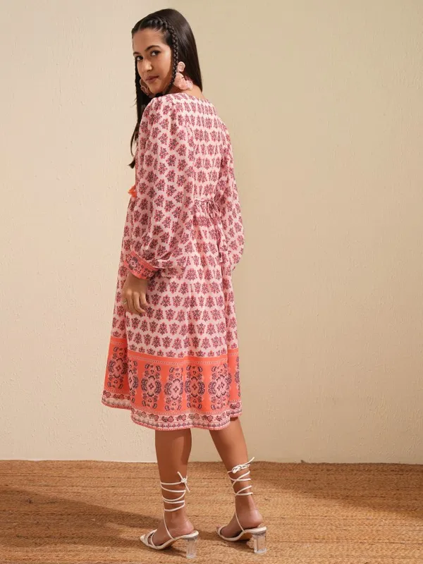 Tokyo Talkies Women Peach Printed Fit and Flare Dress