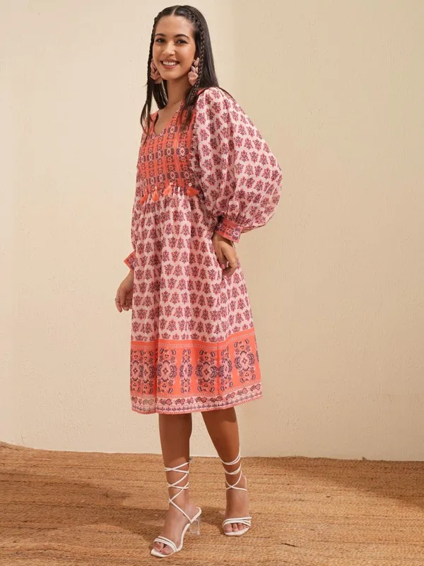 Tokyo Talkies Women Peach Printed Fit and Flare Dress