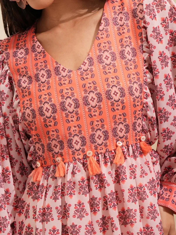 Tokyo Talkies Women Peach Printed Fit and Flare Dress