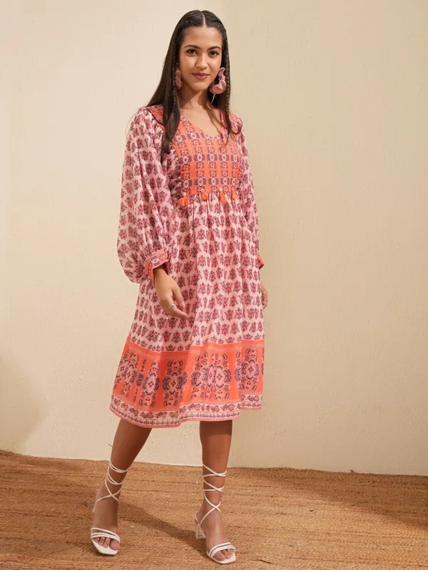 Tokyo Talkies Women Peach Printed Fit and Flare Dress