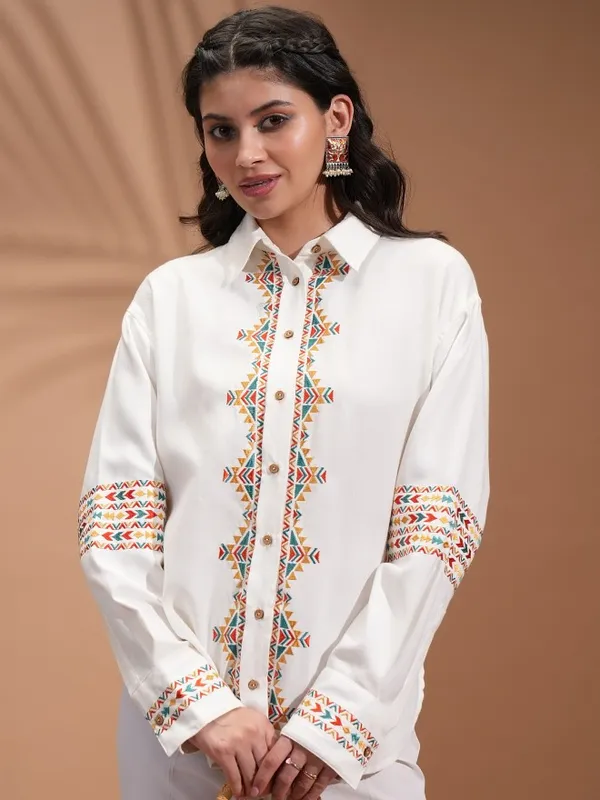  Vishudh  Women Off White Embroidered Casual Shirts