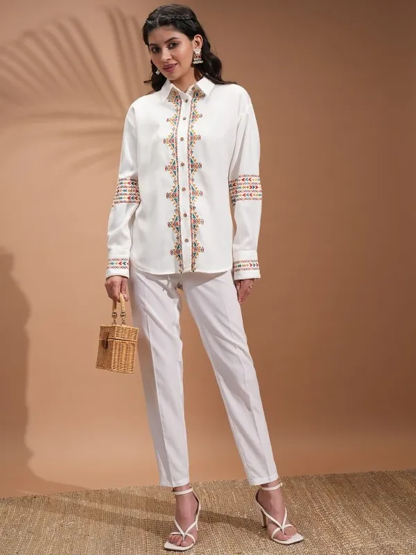  Vishudh  Women Off White Embroidered Casual Shirts