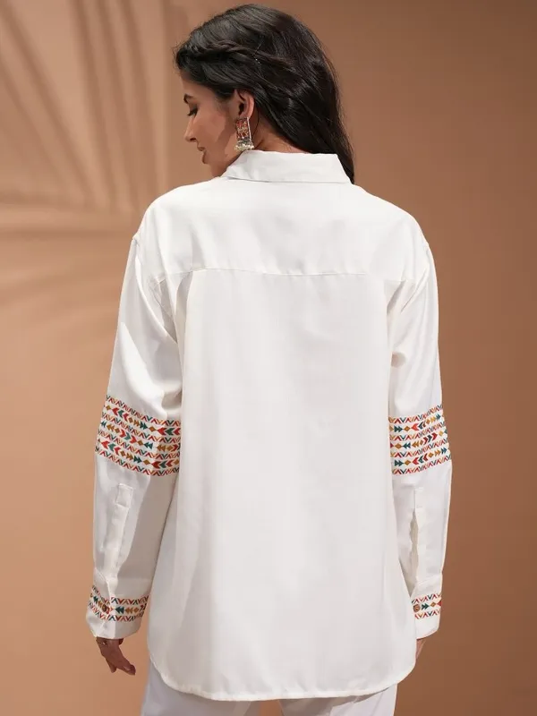  Vishudh  Women Off White Embroidered Casual Shirts