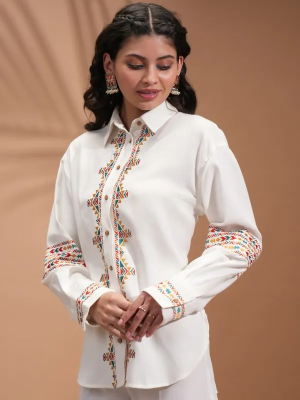  Vishudh  Women Off White Embroidered Casual Shirts