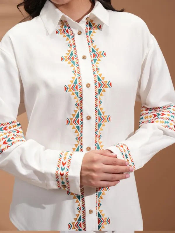  Vishudh  Women Off White Embroidered Casual Shirts
