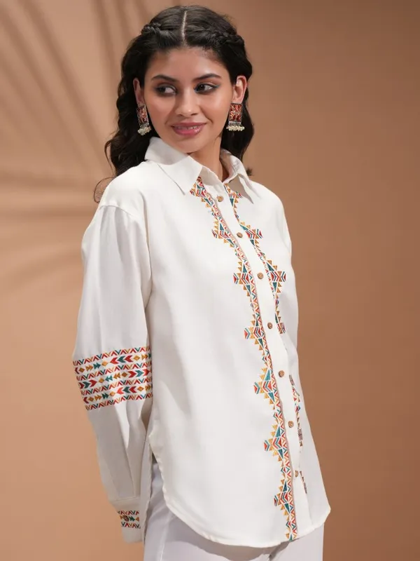  Vishudh  Women Off White Embroidered Casual Shirts