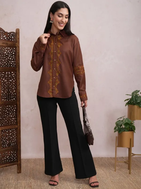  Vishudh Women Brown Embroidered Casual Shirts