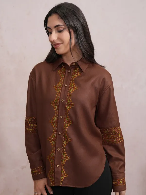  Vishudh Women Brown Embroidered Casual Shirts