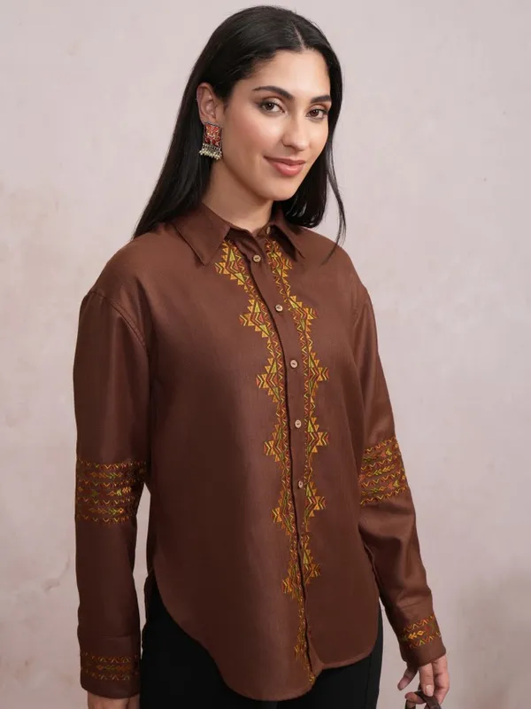 Vishudh Women Brown Embroidered Casual Shirts