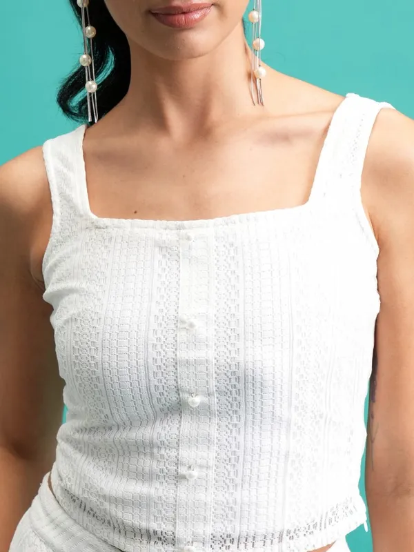 Tokyo Talkies Women White Self Design Fitted Top