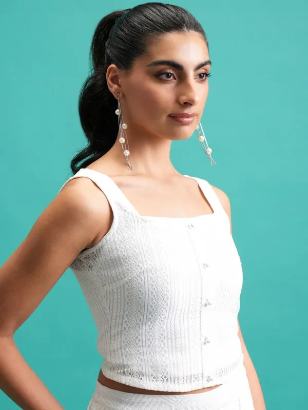 Tokyo Talkies Women White Self Design Fitted Top