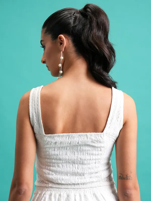 Tokyo Talkies Women White Self Design Fitted Top