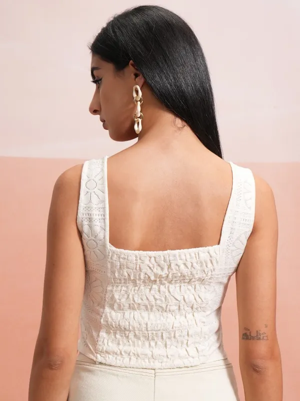  Tokyo Talkies Women Off White Self Design Regular Tops