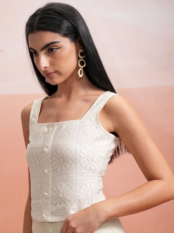  Tokyo Talkies Women Off White Self Design Regular Tops