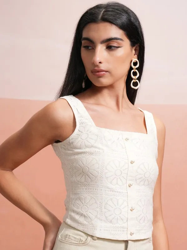  Tokyo Talkies Women Off White Self Design Regular Tops
