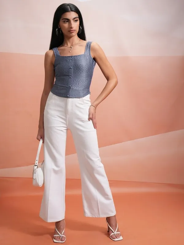 Tokyo Talkies Women Blue Self Design Regular Top