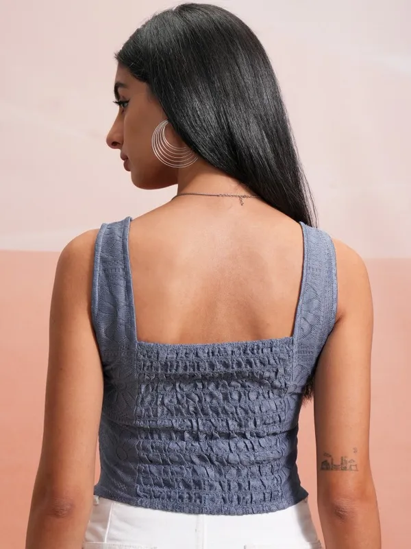 Tokyo Talkies Women Blue Self Design Regular Top