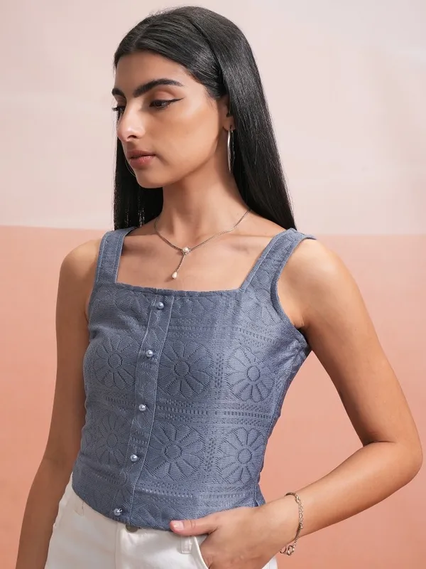 Tokyo Talkies Women Blue Self Design Regular Top