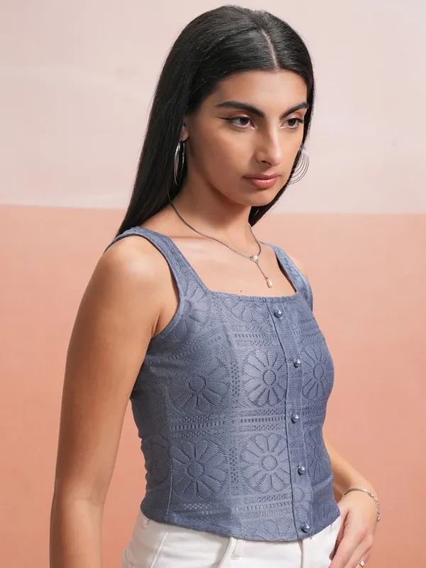 Tokyo Talkies Women Blue Self Design Regular Top