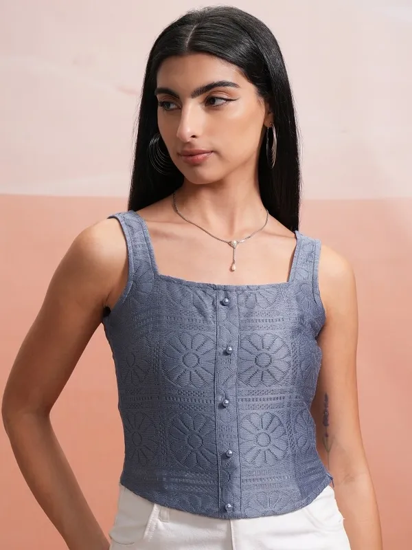  Tokyo Talkies Women Blue Self Design Regular Tops