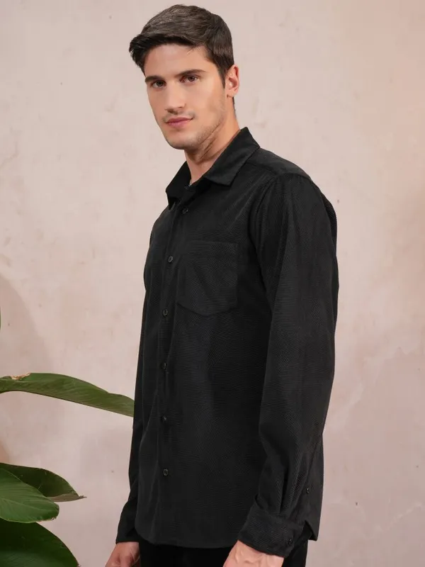 Locomotive Men Black Self Design Slim Fit Casual Shirt