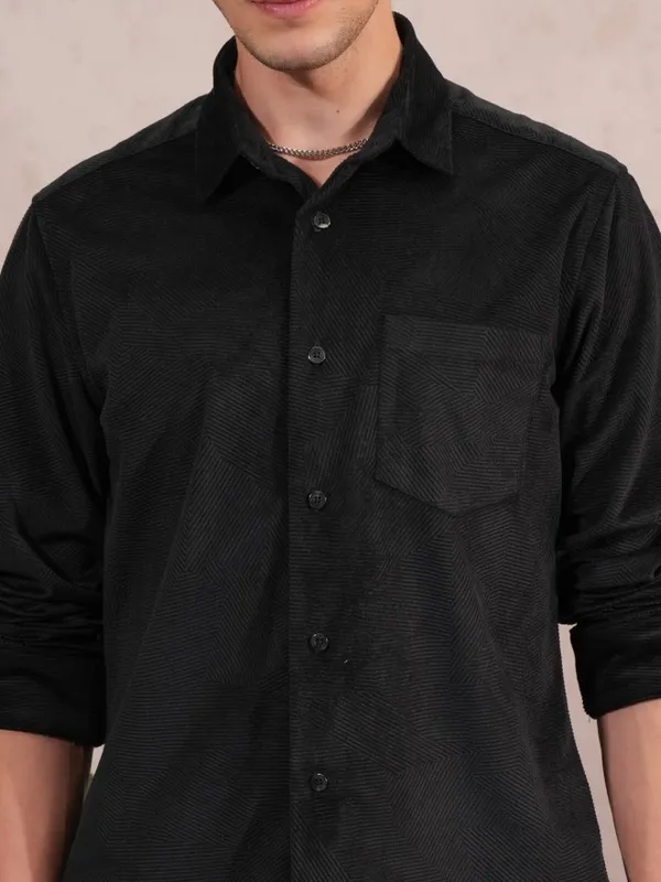 Locomotive Men Black Self Design Slim Fit Casual Shirt