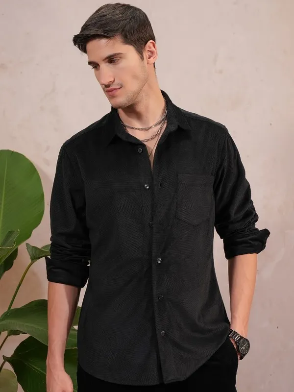 Locomotive Men Black Self Design Slim Fit Casual Shirt