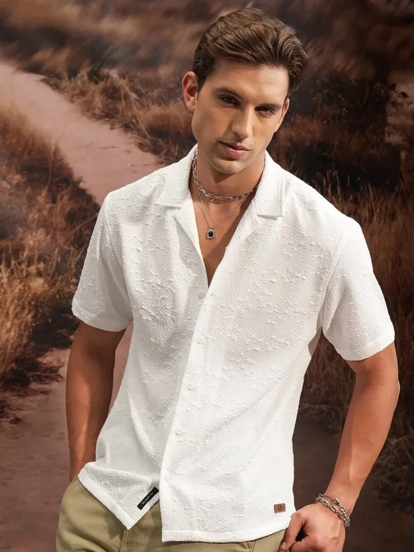  Locomotive Men White Self Design Regular Fit Casual Shirts