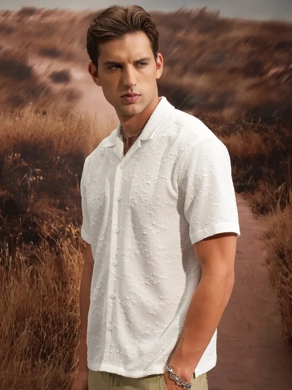  Locomotive Men White Self Design Regular Fit Casual Shirts