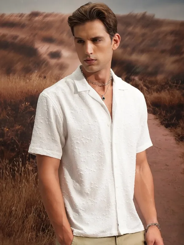  Locomotive Men White Self Design Regular Fit Casual Shirts
