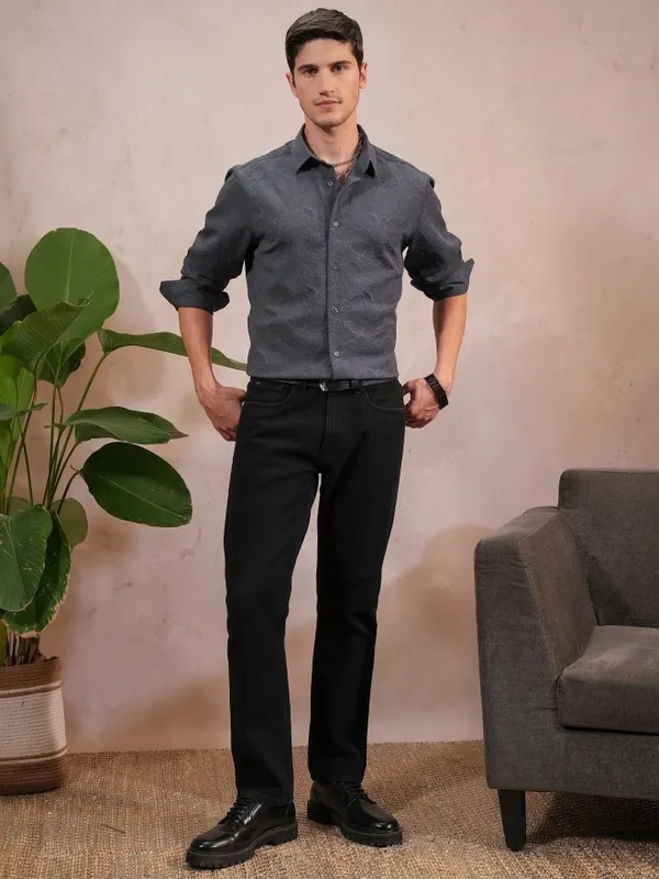  Locomotive Men Grey Self Design Slim Fit Casual Shirts