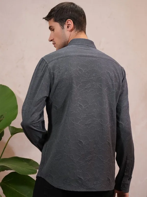  Locomotive Men Grey Self Design Slim Fit Casual Shirts