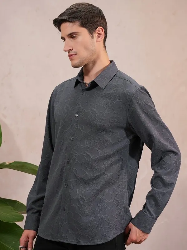  Locomotive Men Grey Self Design Slim Fit Casual Shirts