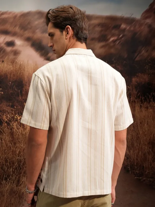  Locomotive Men Beige Striped Oversized Fit Casual Shirts