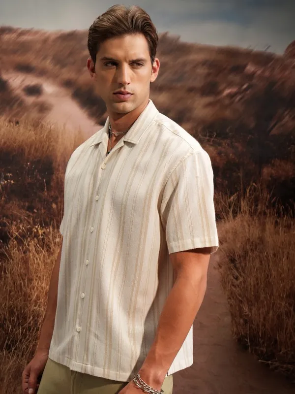  Locomotive Men Beige Striped Oversized Fit Casual Shirts