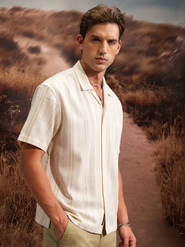  Locomotive Men Beige Striped Oversized Fit Casual Shirts