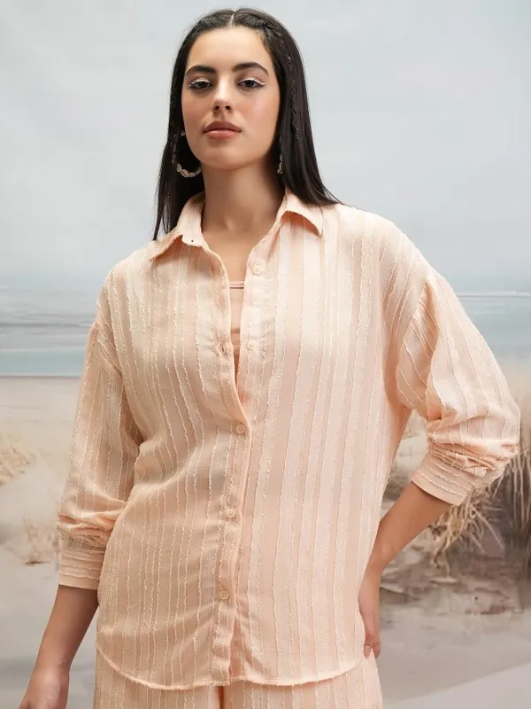 Tokyo Talkies Women Beige Shirt With Shorts Co-Ords