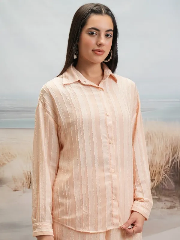 Tokyo Talkies Women Beige Shirt With Shorts Co-Ords
