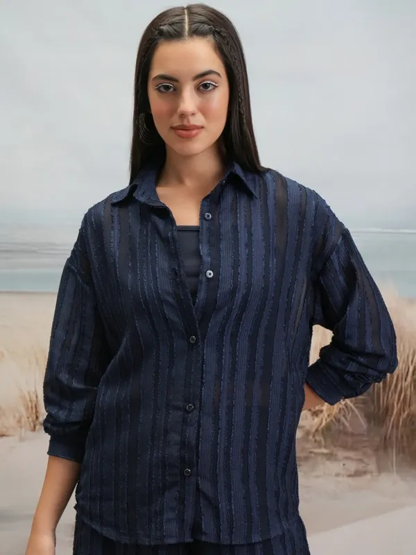 Tokyo Talkies Women Navy Blue Shirt With Shorts Co-Ords