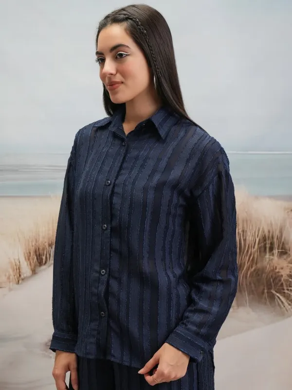 Tokyo Talkies Women Navy Blue Shirt With Shorts Co-Ords