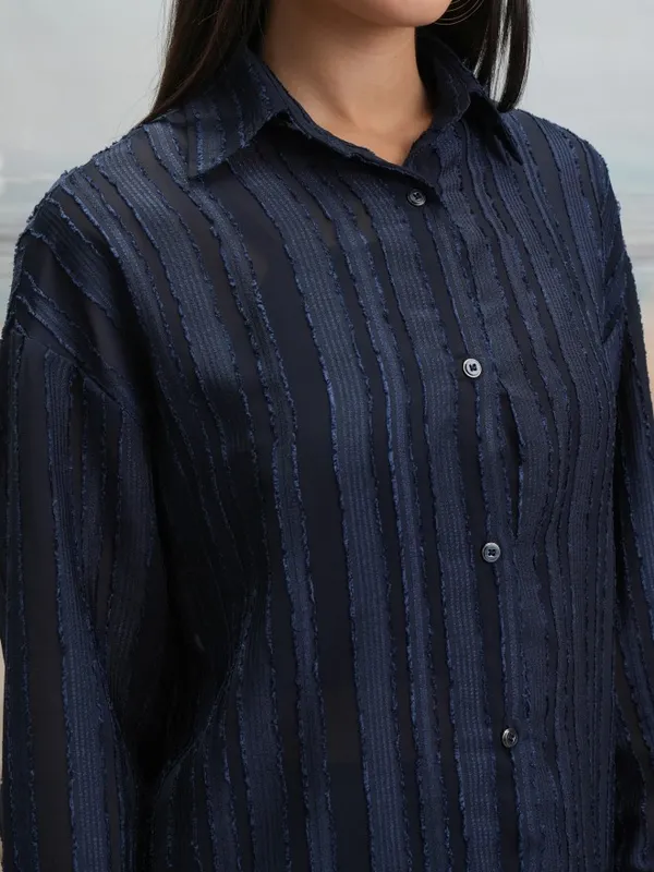 Tokyo Talkies Women Navy Blue Shirt With Shorts Co-Ords