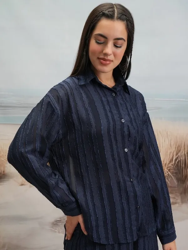 Tokyo Talkies Women Navy Blue Shirt With Shorts Co-Ords