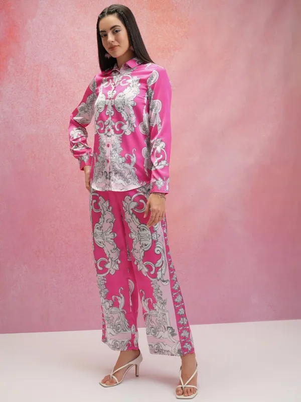 Tokyo Talkies Women Pink Shirt With Trouser Co-Ords