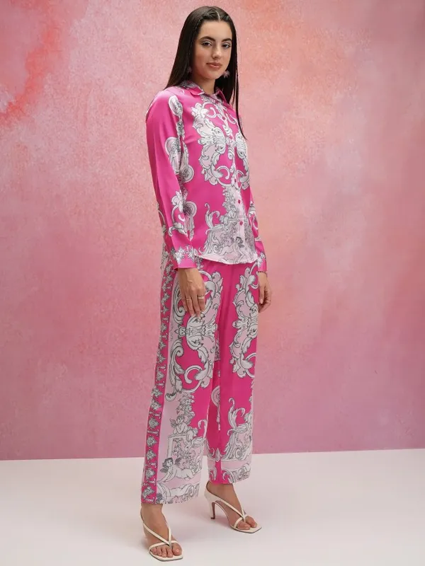 Tokyo Talkies Women Pink Shirt With Trouser Co-Ords