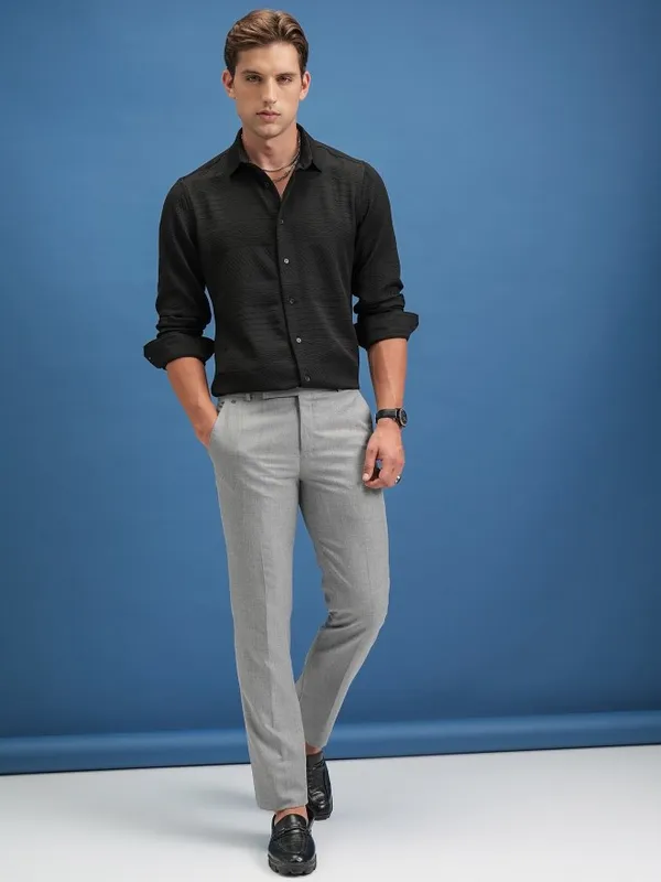  Locomotive Men Black Self Design Slim Fit Casual Shirts